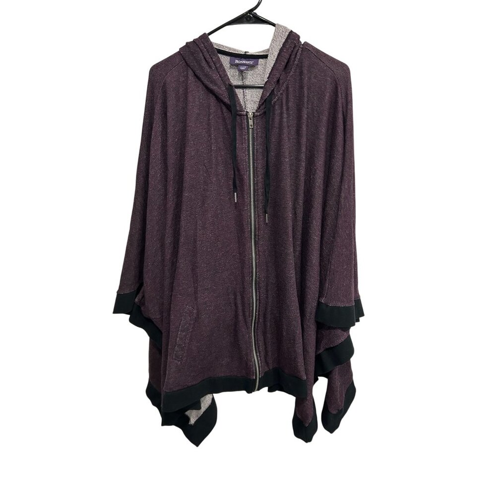 Roamans Burgandy Black Trim Hooded Poncho Jacket Zipper Pockets Size 1X 2X